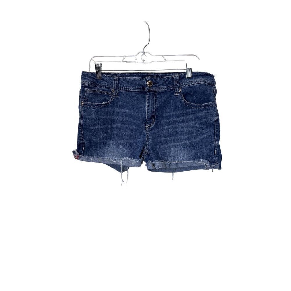 Seven7 Womens Distressed Denim Jean Shorts With Frayed Hem & Embroidered Size 14